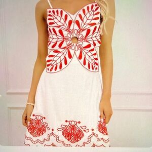 Isla Red and White Embroidered Linen Dress